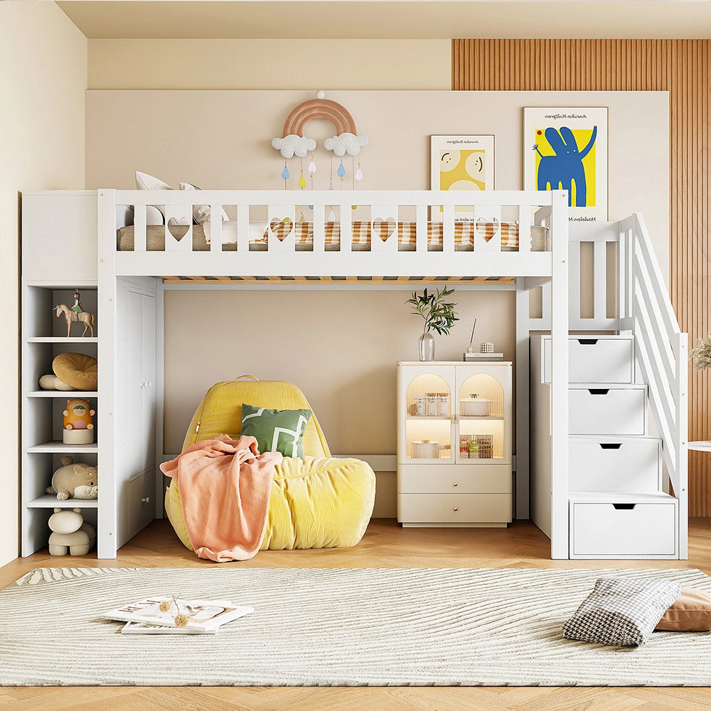 Letto mezzanino 90x200cm - Xylo - bianco, scala-ripiano, balaustra cuore