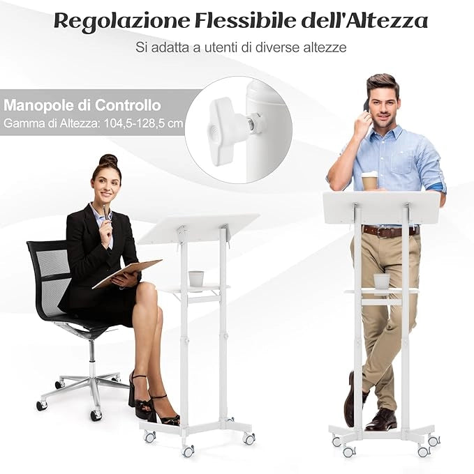 Podio per Conferenze, Pulpito Portatile per Laptop con Piano Inclinabile e Regolabile in Altezza, Vassoio Portaoggetti, Portabicchieri e Ruote Bloccabili (Bianco)