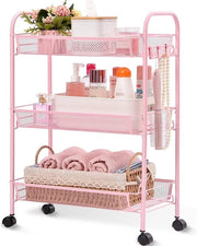 Trolley per cucina, 3 livelli, piccolo carrello con ruote, tavolo da pranzo, carrello per cucina su ruote, sostegno per oggetti, trolley multifunzionale con grande capacità per cucina, bagno, cosmetici, ufficio, rosa