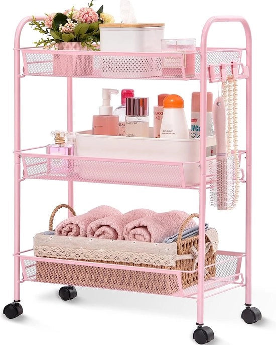 Trolley per cucina, 3 livelli, piccolo carrello con ruote, tavolo da pranzo, carrello per cucina su ruote, sostegno per oggetti, trolley multifunzionale con grande capacità per cucina, bagno, cosmetici, ufficio, rosa