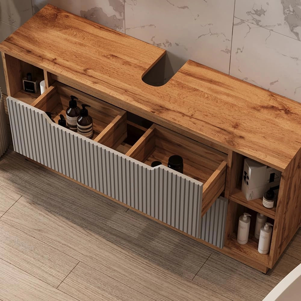 Set di mobili da bagno Lotta, Grigio, 119.2 cm, composto da mobile sottolavabo, specchiera e mobile medio