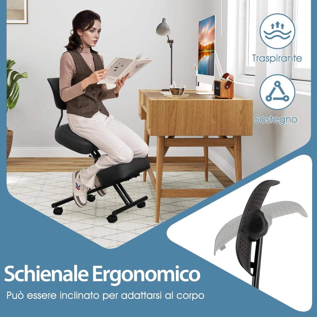 Sedia Ergonomica Inginocchiata con Schienale e Ruote, Sedia da Ginocchio Regolabile Posturale Struttura in Metallo, Sgabello Ergonomica per Casa e Ufficio (con Schienale)