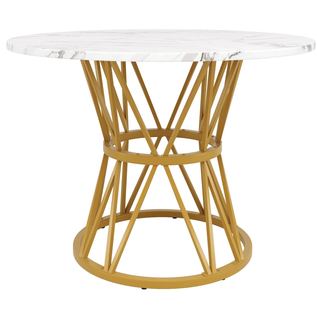 Tavolo da pranzo rotondo 100x100x76 cm con piedini regolabili; piano in MDF effetto marmo oro