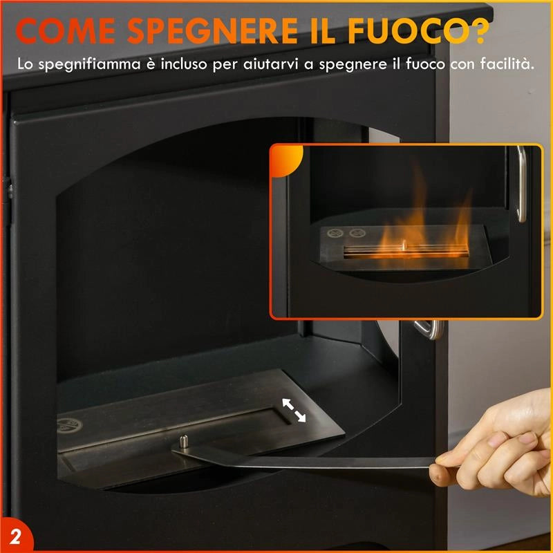 CAMINO A BIOETANOLO AUTOPORTANTE, BRUCIATORE DA 1.2L DURATA 3 ORE, AREA RISCALDATA 20-25 M¦, NERO