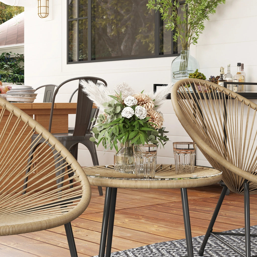 Set Giardino 3 Pezzi in Rattan e Acciaio con Sedie e Tavolino ¨C Zephmum ¨C Nero e Legno