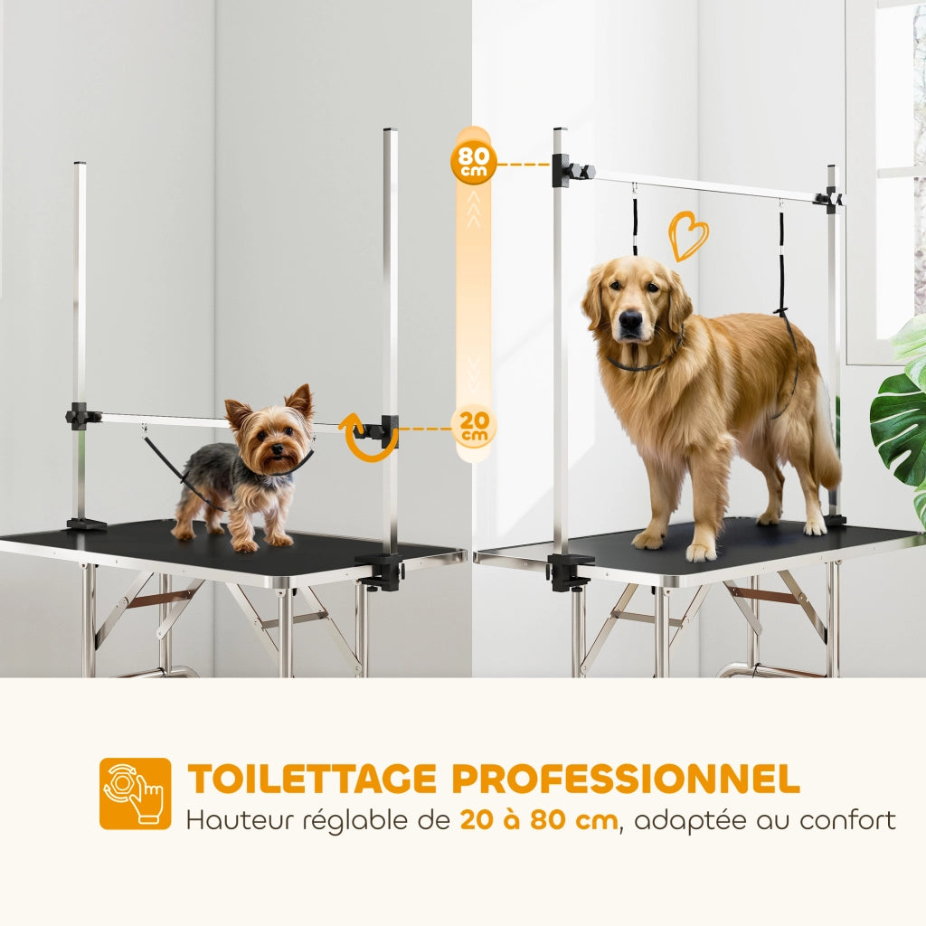 Tavolo da toelettatura per cani pieghevole con braccio a H regolabile in acciaio inox ¨C Xylo ¨C 107x60x164cm nero