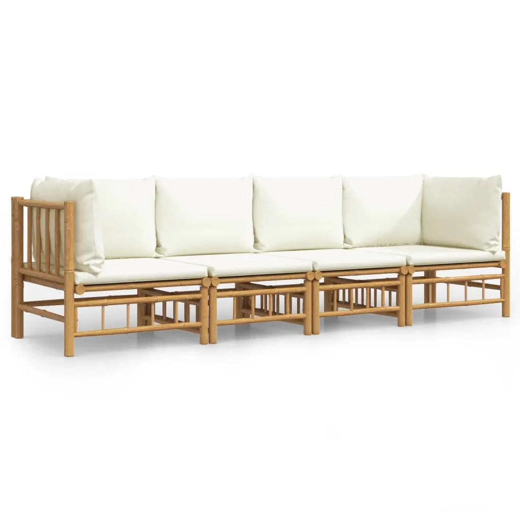 Set Salotto da Giardino 4pz con Cuscini Bianco Crema in Bambù 3155184