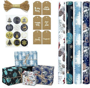 Set di carta da imballo per feste - 4 rotoli - Paccottiglia per compleanni/Natale - Etichette/stampini/cordoncini - 43 x 300 cm - Adatto per tovaglie/imbottigliature fiori