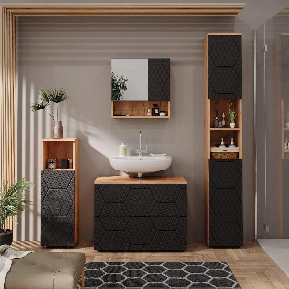 set mobili bagno Irma, Quercia dorata/Antracite, 4 pezzi, con cassettiera e colonna