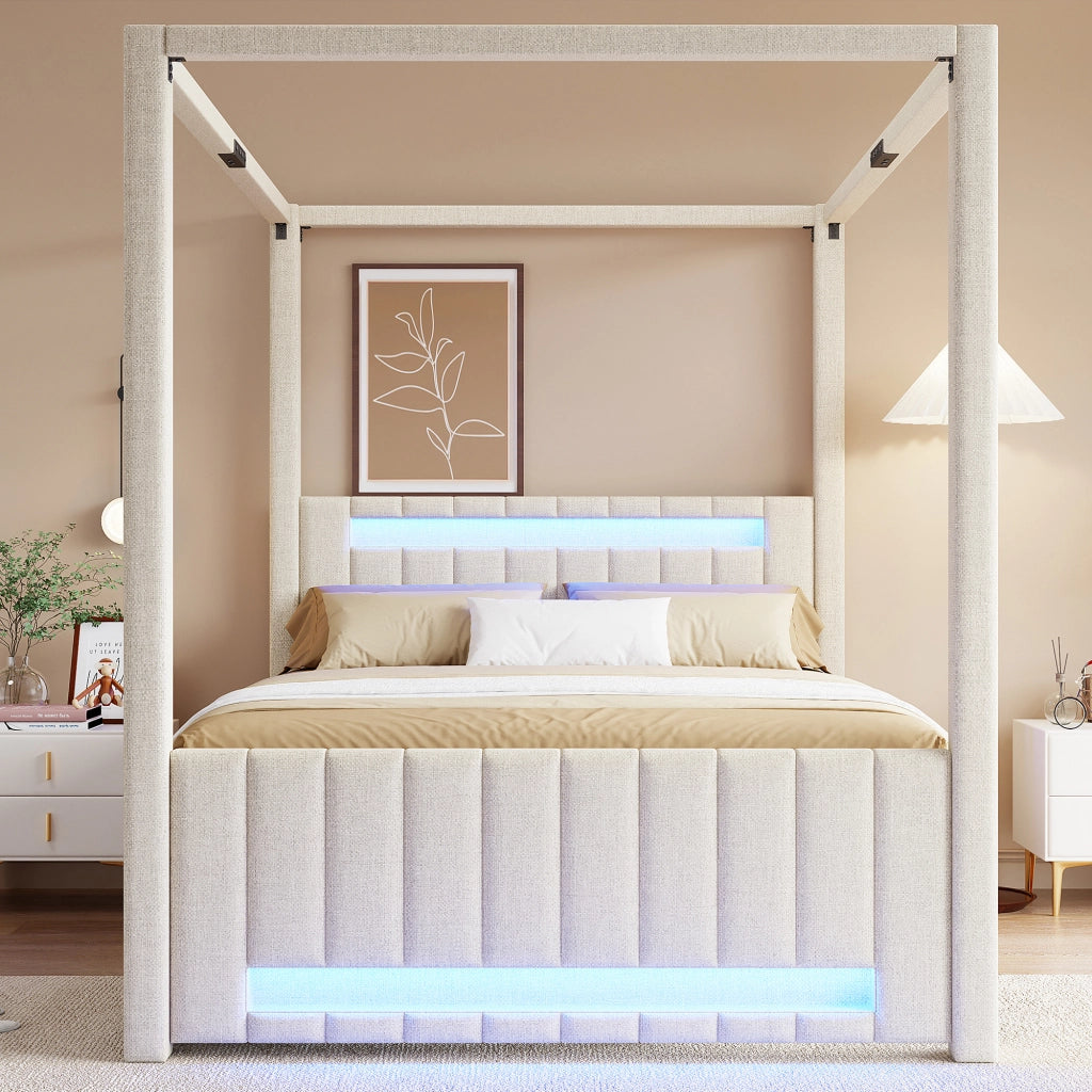 LETTO A BALDACCHINO 140x200 cm con letto estraibile e 3 cassetti, LED Beige