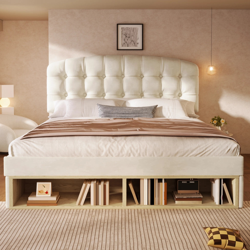 LETTO imbottito 140x190 cm in velluto beige con testiera regolabile e cassetti