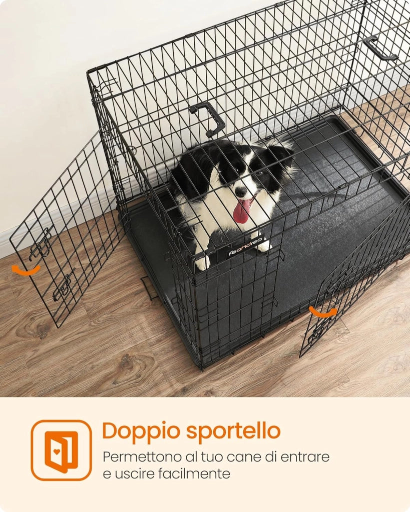 Feandrea Gabbia per Cani Pieghevole, con 2 Porte, Vassoio Rimovibile, 107 x 70 x 77,5 cm, XL, Nero PPD42H