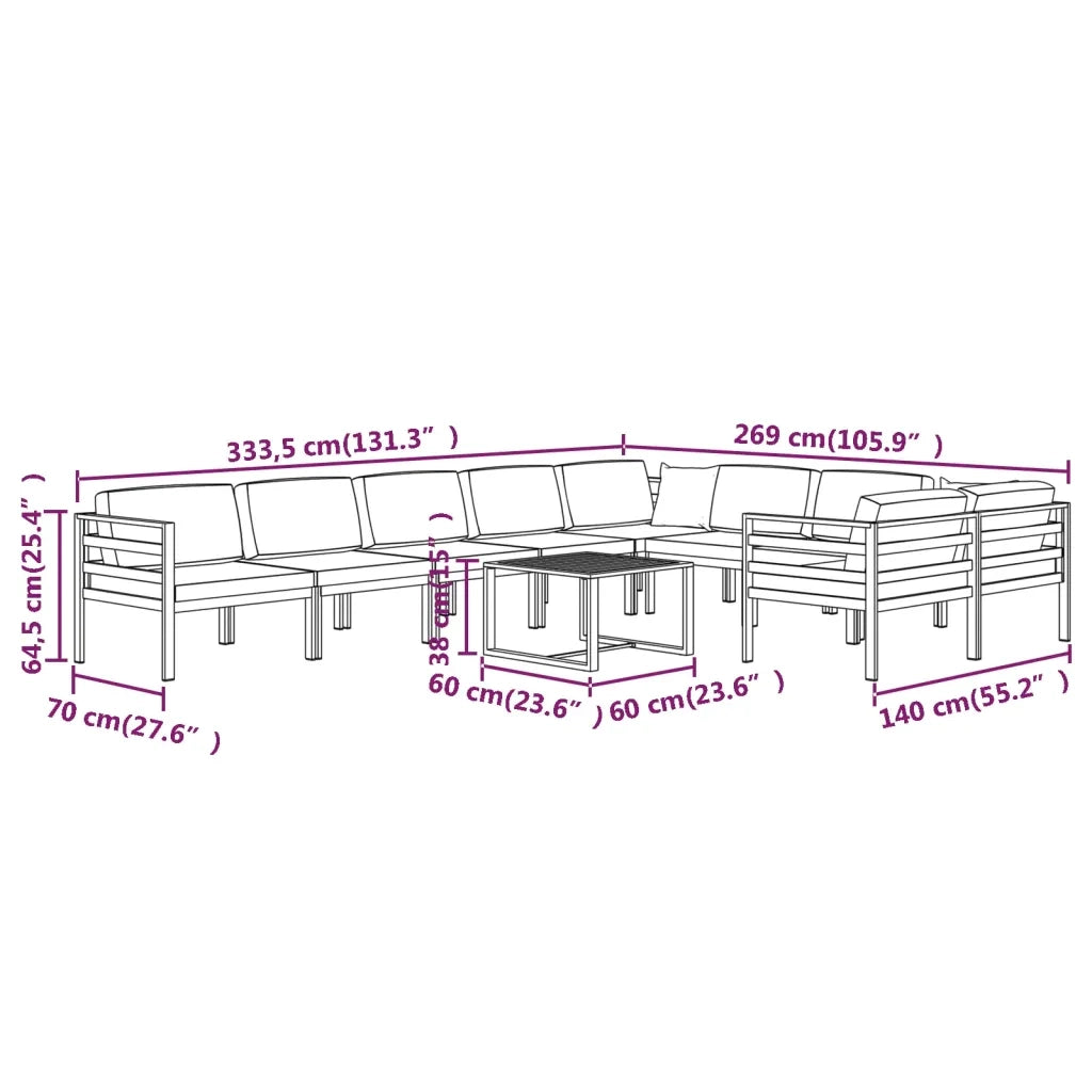Set Divani da Giardino 10 pz con Cuscini in Alluminio Antracite 3107824