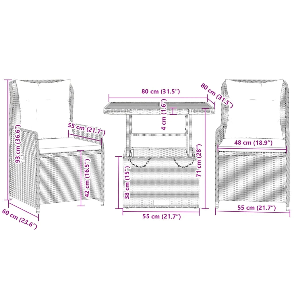 Set da BistrÃ² 3 pz con Cuscini Grigio in Polyrattan