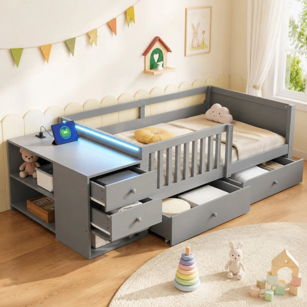 Letto a soppalco per bambini 90x200 cm con contenitore separato; LED e presa; grigio