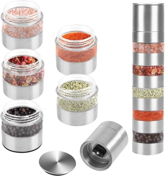 Set di spezie per viaggio Spezie in contenitori portatili per il camping all'aperto con macinatore 5-in-1 Mini-saliera per strada con 1 x spazzola di pulizia Acciaio inossidabile Speziale per picnic BBQ viaggiatori Spezie in contenitori portatili