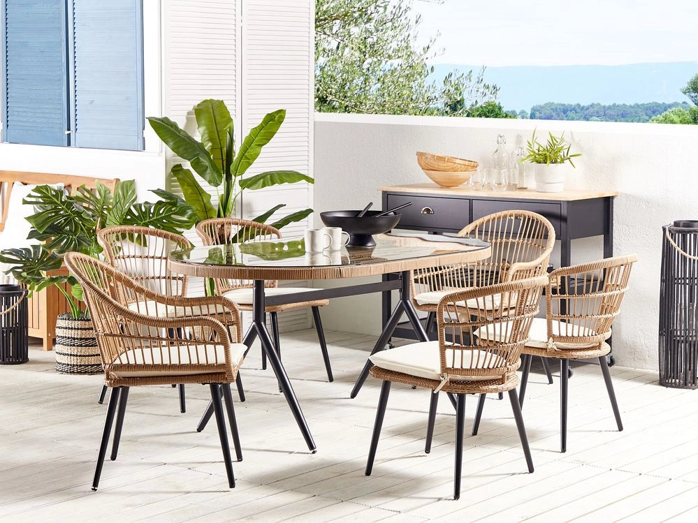 Set da bistrot da 3 pezzi in rattan sintetico marrone con gambe a forcina in metallo Nero piano in vetro