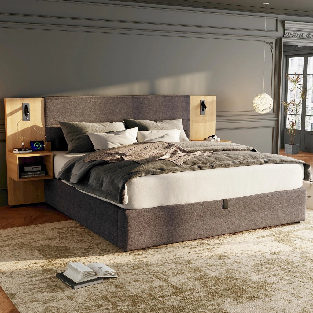 OKWISH Letto Contenitore 160×200 cm, Letto Matrimoniale con USB, Tipo C, Illuminazione e 2 Comodini, senza Materasso, in Velluto, Grigio e Naturale