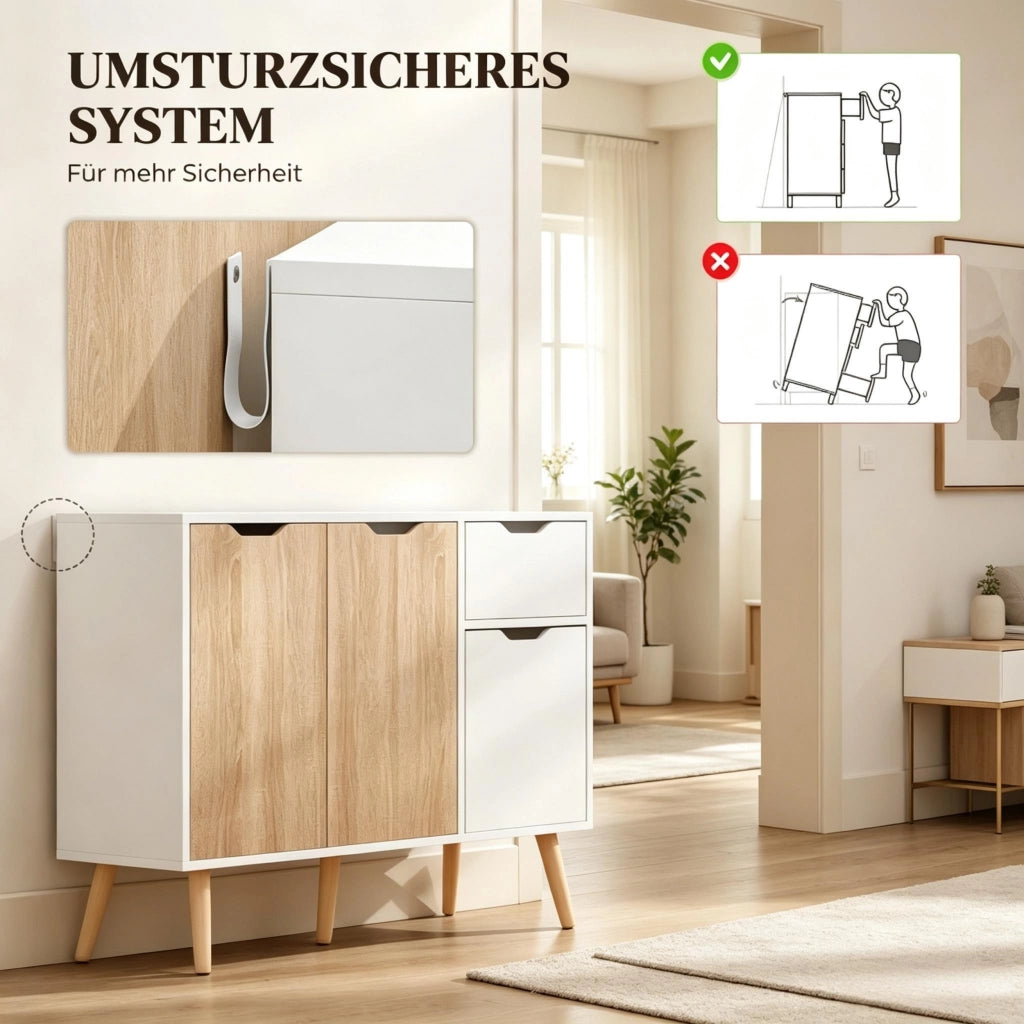Credenza di design scandinavo, credenza con cassetti e ante, mobile da ingresso, cassettiera