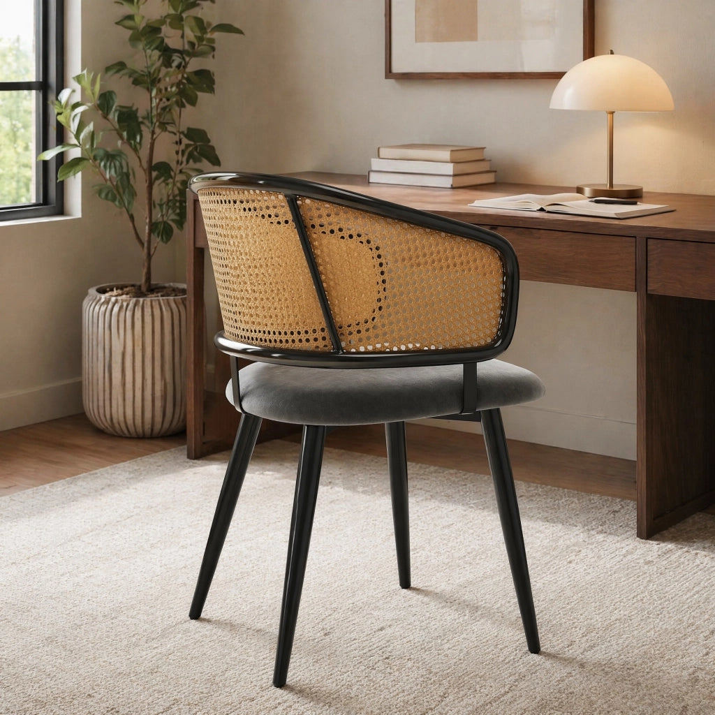 SEDIA da pranzo 47x51x79 cm in velluto grigio con schienale in rattan