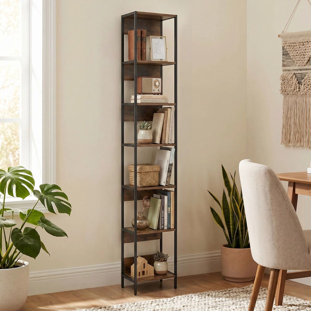 Libreria Verticale Salvaspazio 6 Ripiani 29,5x30x185 cm Marrone e Acciaio Nero