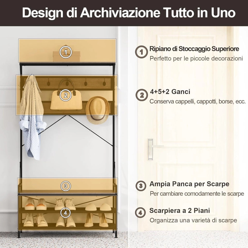 4 in 1 Appendiabiti da Ingresso, Armadio con Panca per Scarpe Scarpiera a 2 Ripiani, Struttura in Metallo e Kit Antivibrazione, 102 x 40 x 184 cm (Grigio)