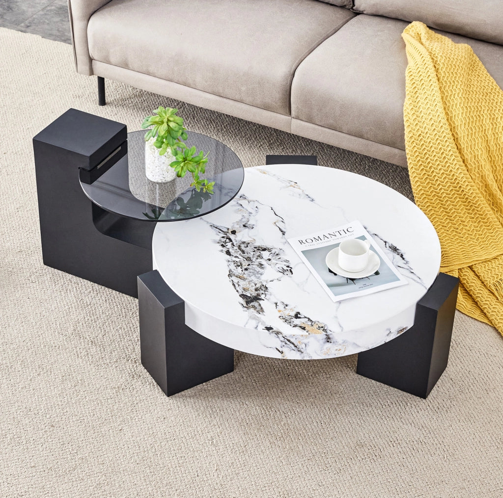 Set di tavolini rotondi MDF e vetro effetto marmo bianco