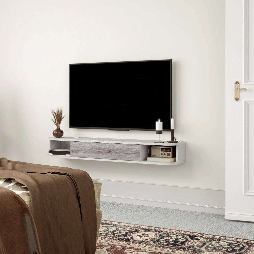 Mobile TV Sospeso 2 Ripiani e 1 Vano Chiuso a Ribalta 120x26x16 cm Bianco e Grigio