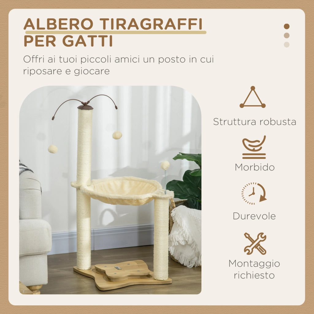 Albero Tiragraffi per Gatti con Amaca e Palline ¨C Zephmum ¨C Beige 53.5x53.5x90 cm
