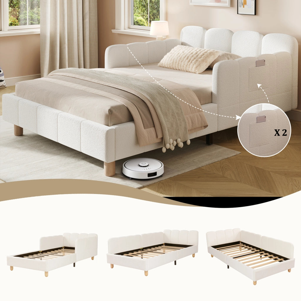 Letto imbottito per bambini con testiera ergonomica; bouclé beige