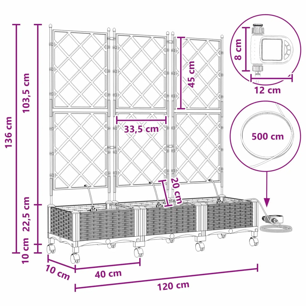 Vaso da Giardino con Irrigazione e Ruote 3 pz Grigio PP 3423088