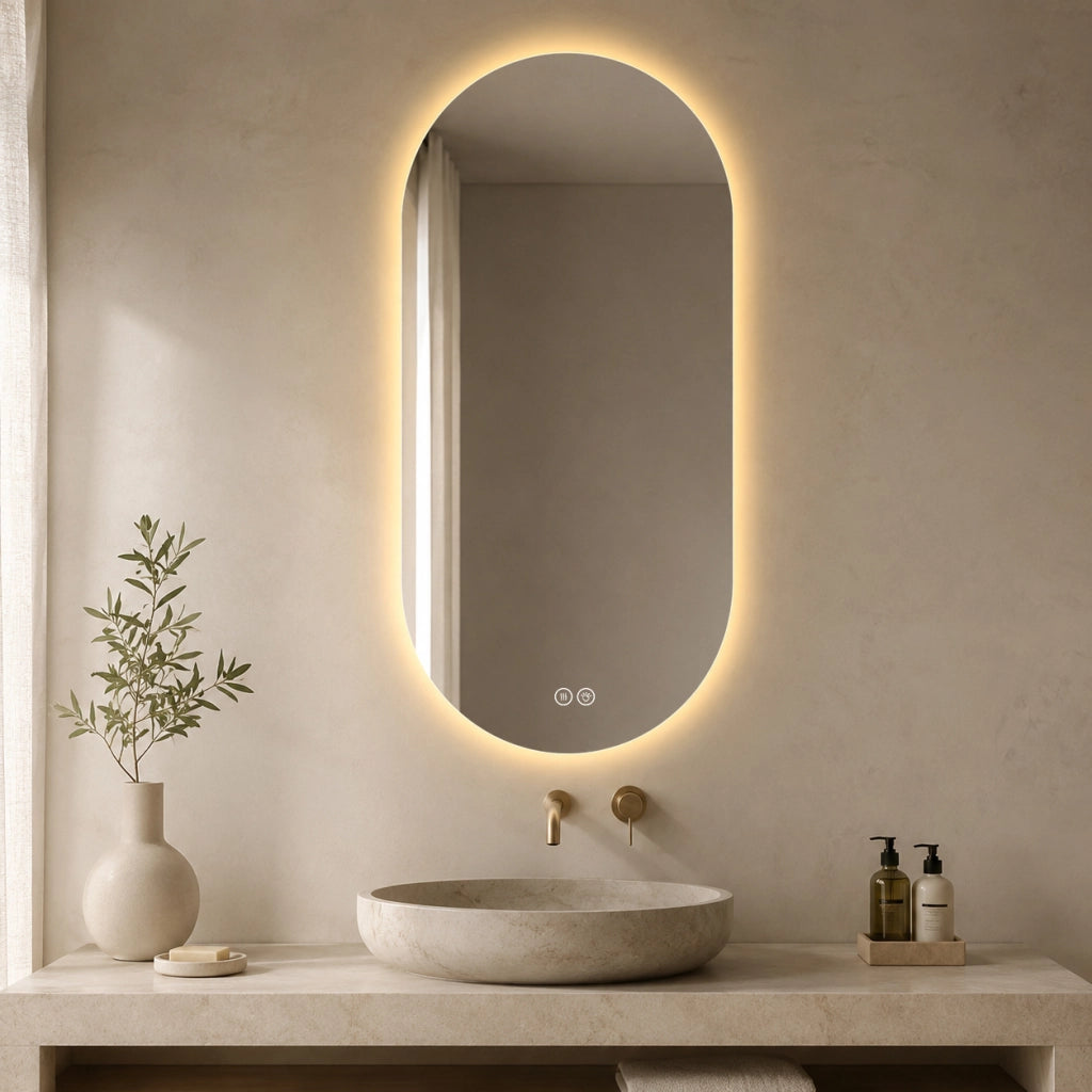SPECCHIO BAGNO LED ROTONDO 60x120 cm ARGENTO IN VETRO E METALLO ANTI-APPANNAMENTO