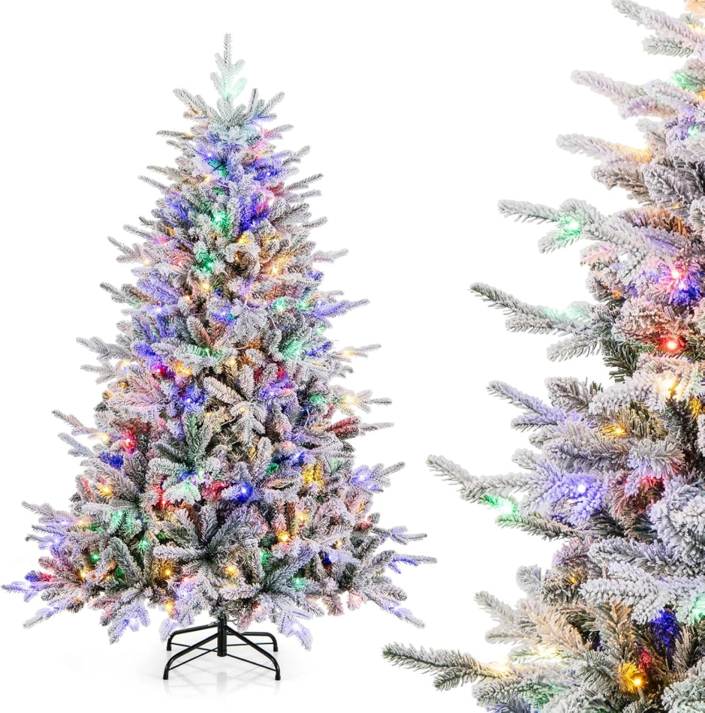 Albero di Natale Artificiale Innevato 135/186/218 CM, Albero di Natale con Cerniera e 8 Modalità luminose, 160/260/350 Luci LED Multicolori e 436/820 /1164 Punte di Ramo in PVC e PE (135 CM)