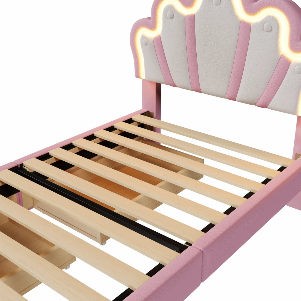DESMIU Letto per bambini 1 posto con 2 cassetti, LED regolabile e testiera regolabile 90 × 200 cm, senza materasso, rosa