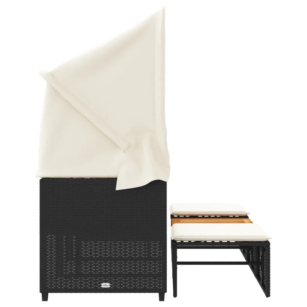 Divano Giardino 3 Posti Baldacchino e Sgabelli-Sofa da Giardino-Divanetto da esterno Nero Polyrattan