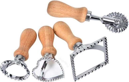 Ustensili per ravioli, 4 pezzi, forma a ravioli, quadrata, rotonda, a cuore, a ruota, ustensili con manico in legno, per empanadillas, biscotti, gnocchi