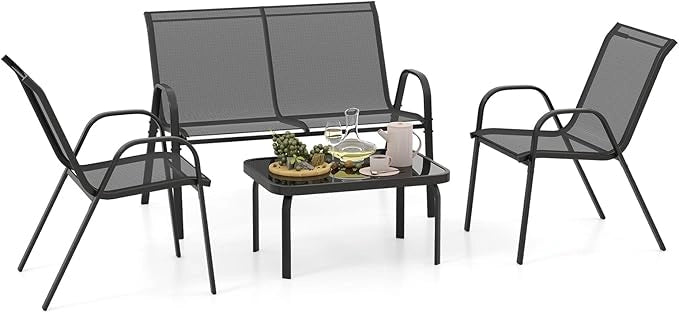 Set Tavolo e Poltrona da Giardino, Set di Mobili 4 Pezzi per Esterno, con Tavolino in Vetro Temperato, Panca e 2 Poltrone, per Giardino Balcone Piscina (Grigio)