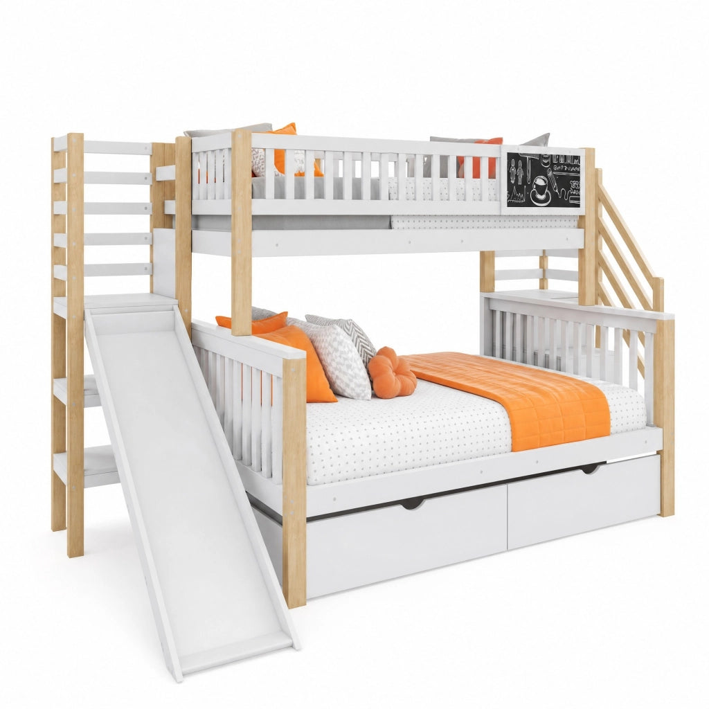 Letto a castello per bambini con scivolo, scala contenitore e lavagna, 140x200 cm, bianco/naturale