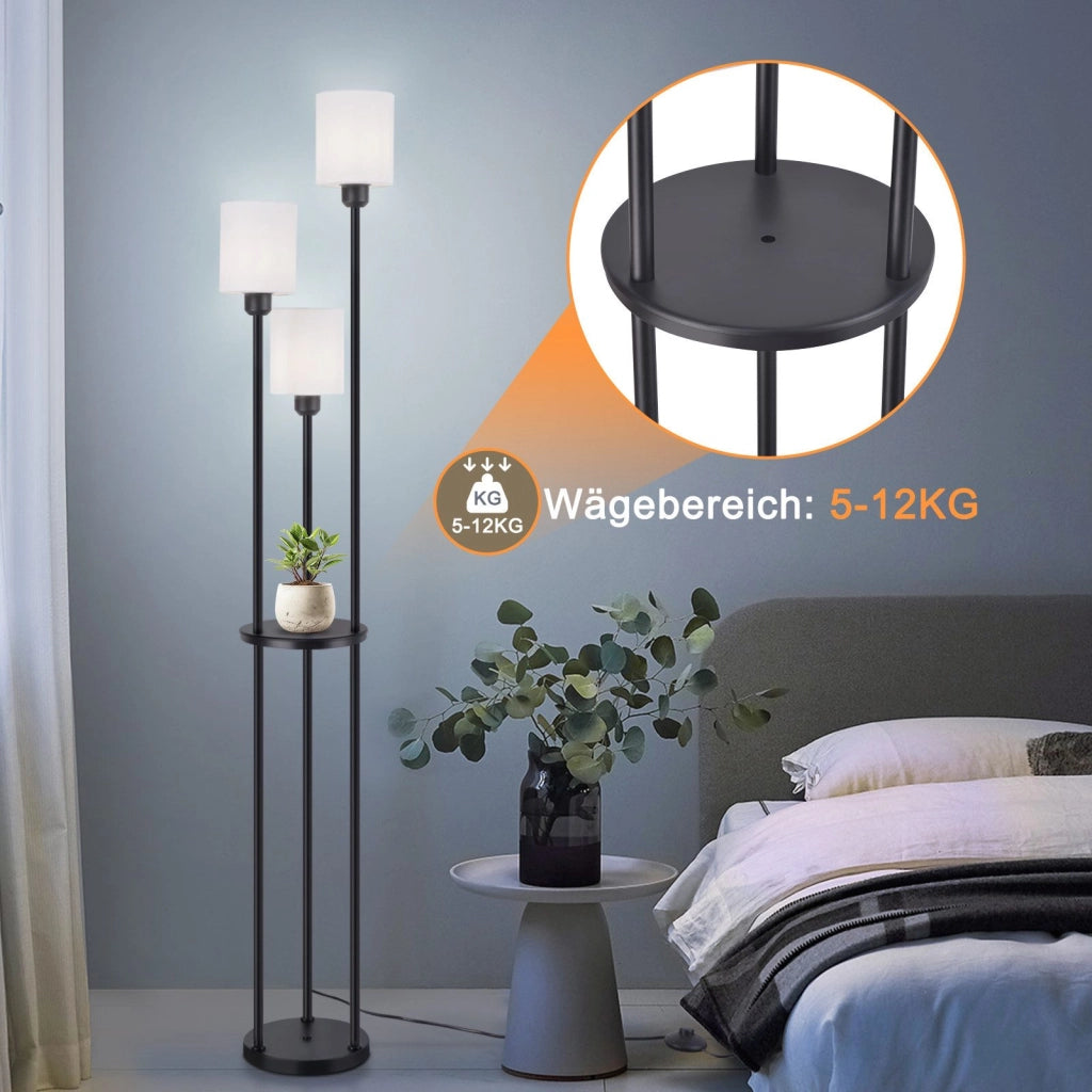 ZMH Lampada da terra nera bianca 3 fiamme E27 paralume tessuto vintage con ripiano 163cm