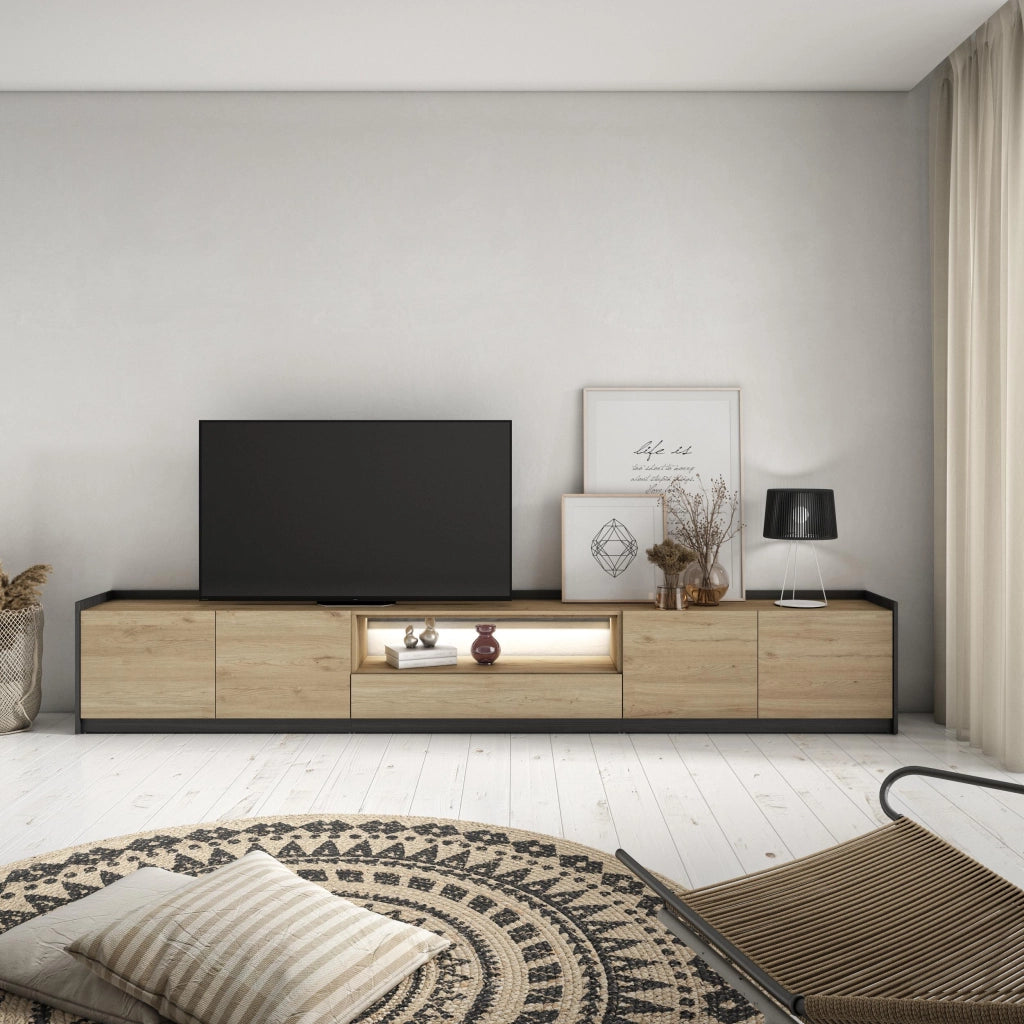 Mobile TV Soggiorno, 310x50x37 cm, Per TV fino a 80", LED, Rovere e nero