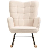 Poltrona a Dondolo Imbottita in Legno e Acciaio per Soggiorno e Camera da Letto, 71x98x101 cm, Beige