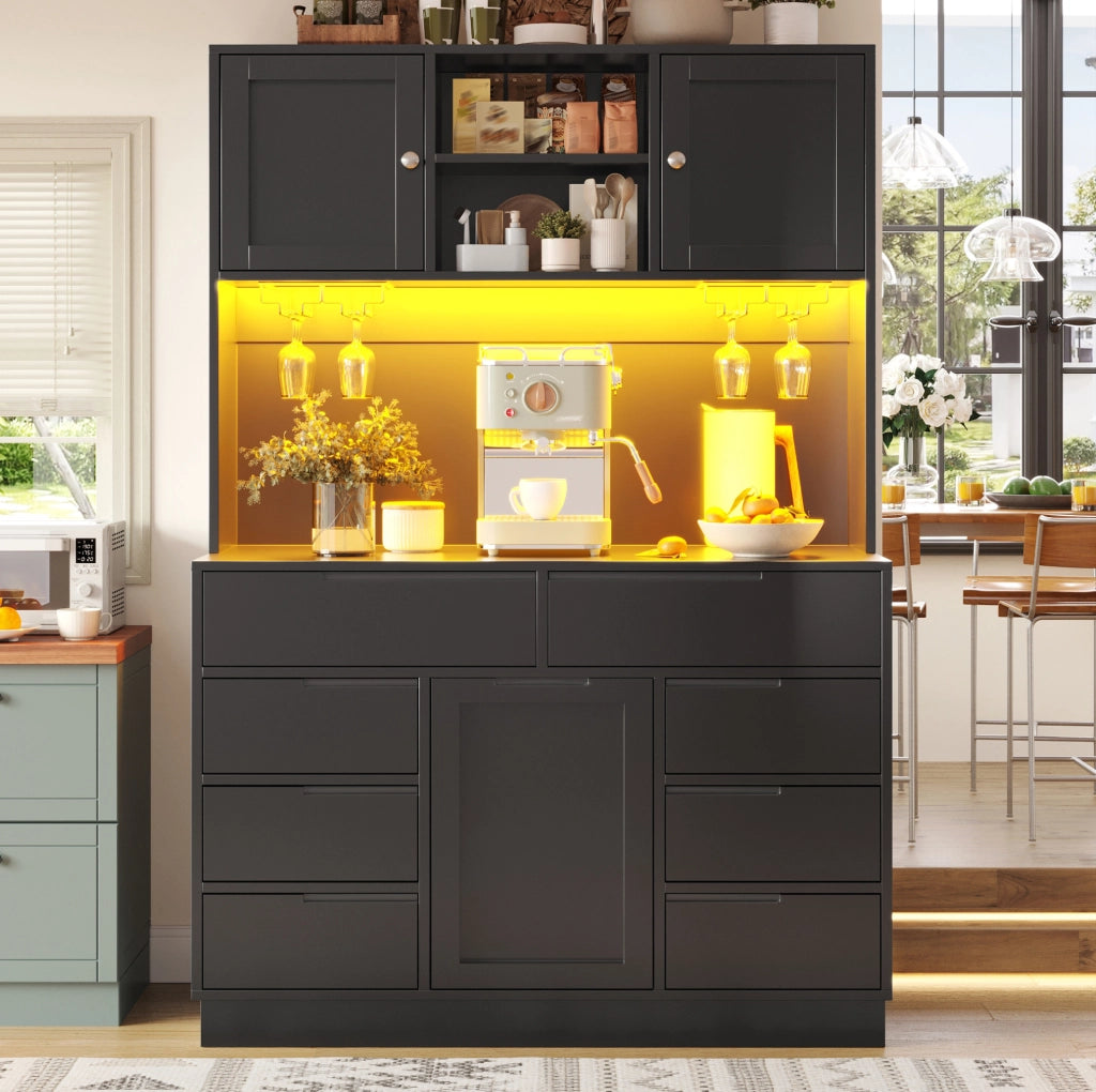 Armadio cucina 120x40x183.5 cm con illuminazione LED; 8 cassetti; MDF; nero