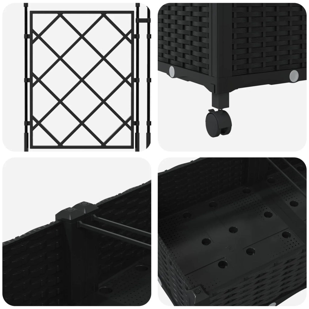 Vaso da giardino con grigliato e ruote 3 pz Nero PP 3423072