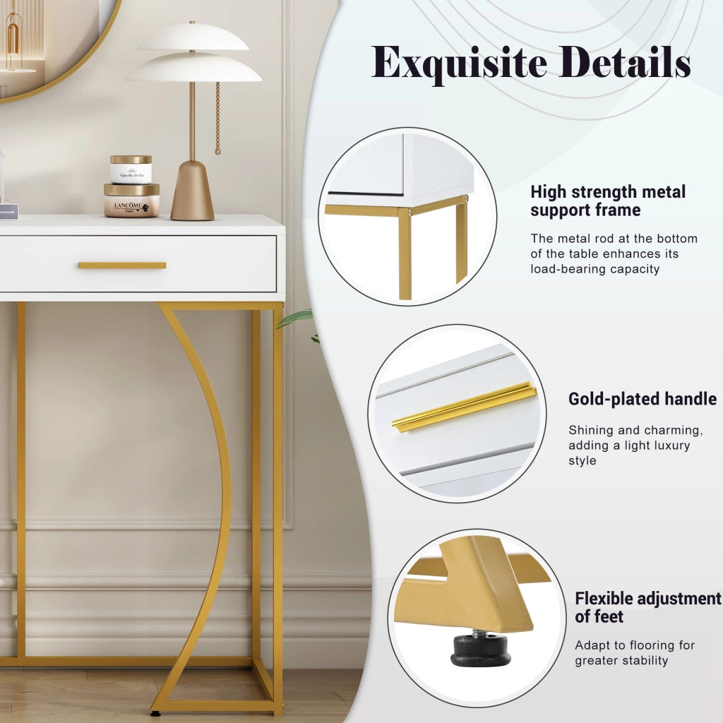 Tavolino Consolle con 2 Cassetti ¨C MINIMAL ¨C Bianco/Oro 110x32x85 cm