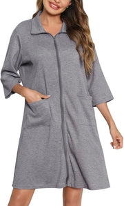 Badjas per donne con zip, maniche 3/4, wafelgebreide, camicia da camera leggera, giacca corta con tasche, grigio, XXL