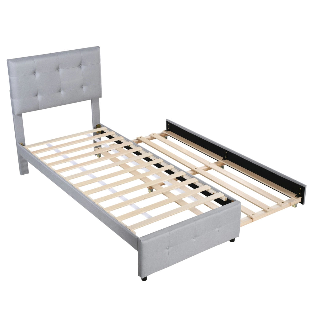 Letto imbottito 90x200 cm con letto estraibile e testiera regolabile in tessuto di lino grigio