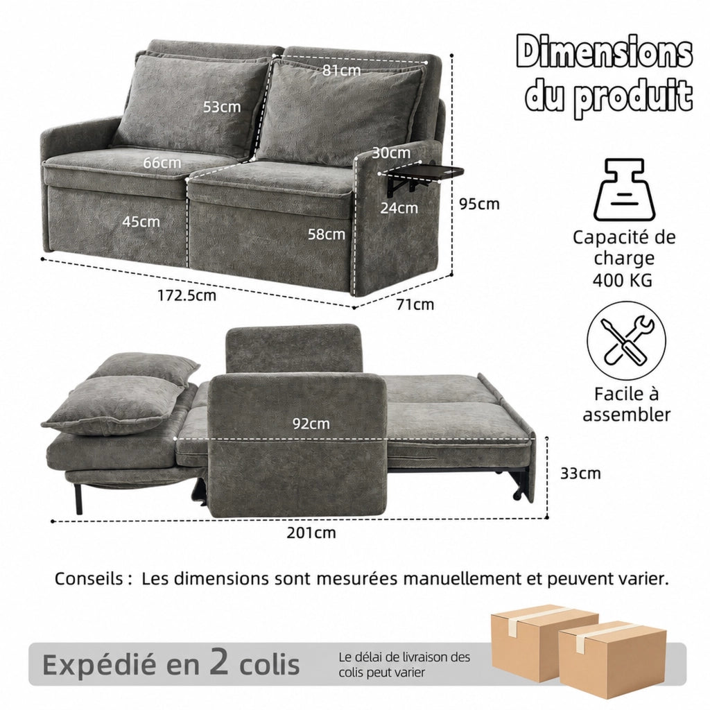 Divano letto 172，5x71x95 cm in ciniglia grigia con USB e contenitore
