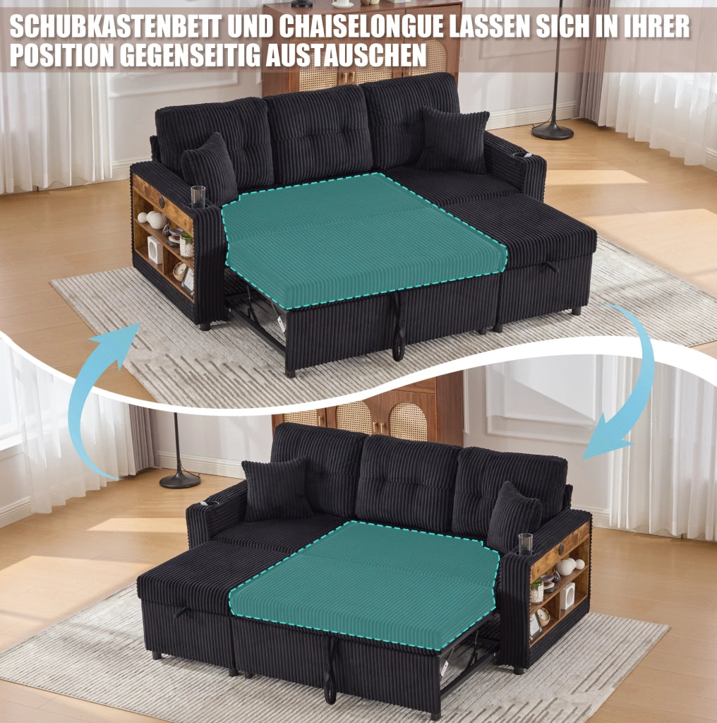 Divano letto estraibile con contenitore; USB-C e LED in velluto a coste nero; 196x82x85 cm