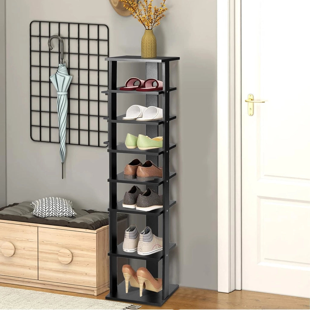Scarpiera da Ingresso, Portascarpe a 7 Ripiani, Scaffale per 7 Scarpe, Stretto e Compatto per Salvaspazio, 27,5x26,5x110 cm (Nero, M)
