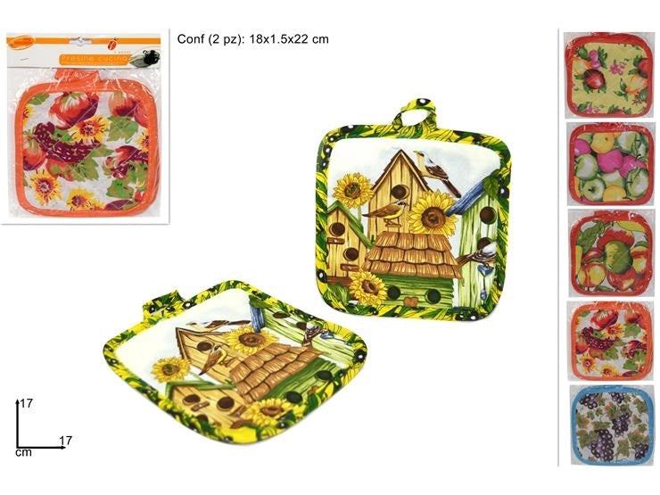 Set 2 Pezzi Presine da Cucina in Stoffa Decorata 17 x 17 cm Vari Decori